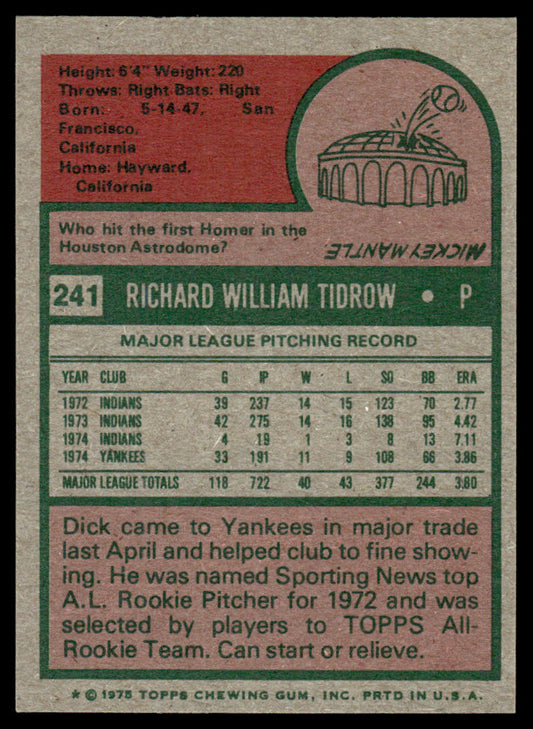 1975 Topps Baseball #241 - Dick Tidrow - NM