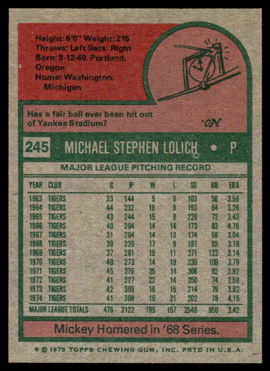 1975 Topps Baseball #245 - Mickey Lolich - NM
