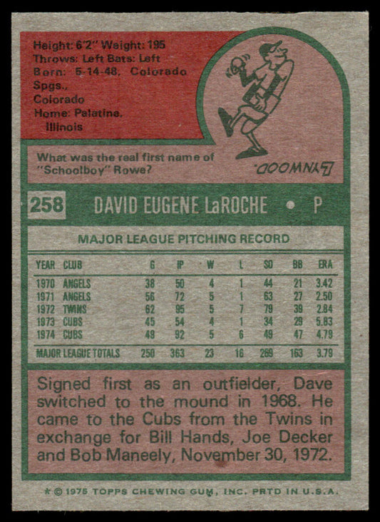1975 Topps Baseball #258 - Dave LaRoche - EXMT