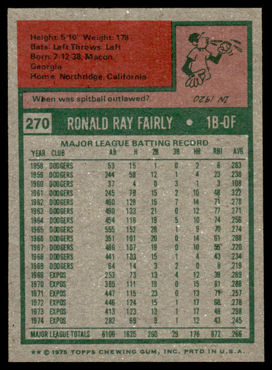 1975 Topps Baseball #270 - Ron Fairly - NM