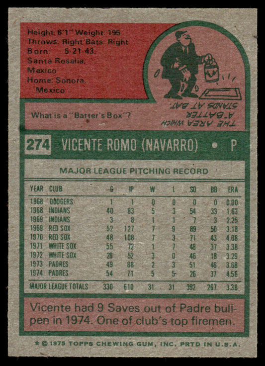 1975 Topps Baseball #274 - Vicente Romo - NMMT