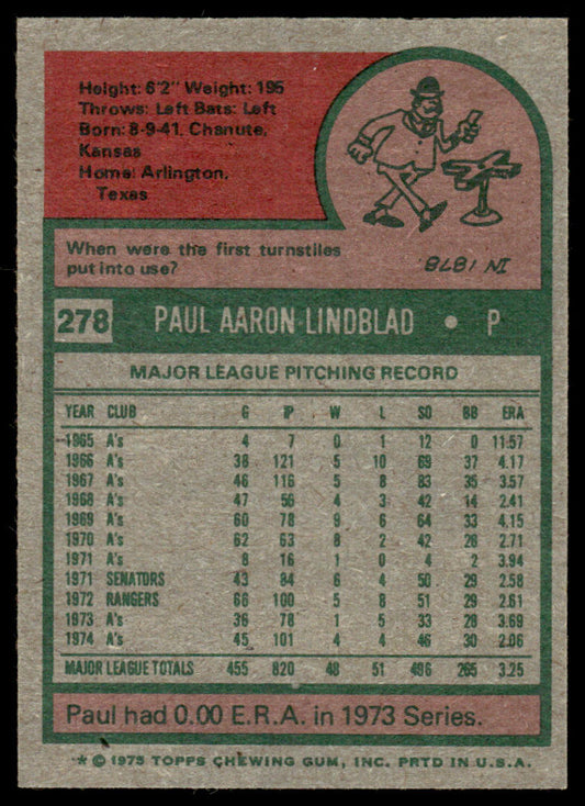 1975 Topps Baseball #278 - Paul Lindblad - NMMT