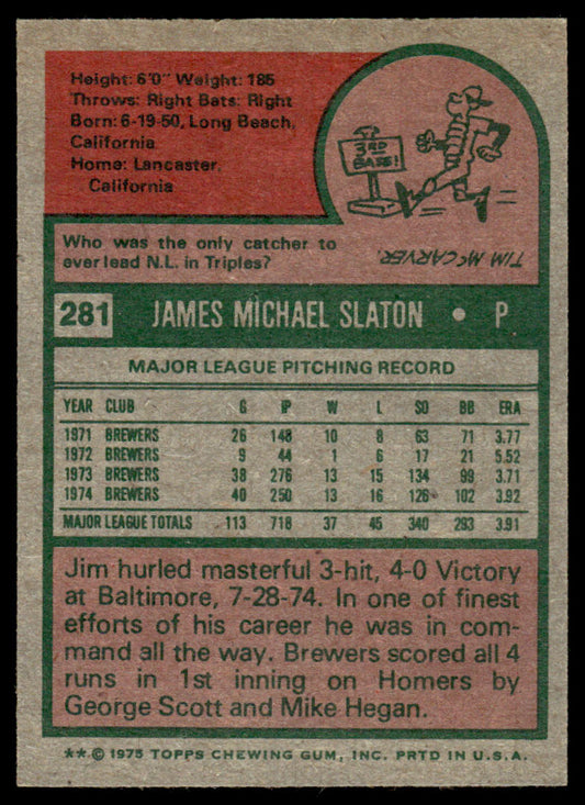 1975 Topps Baseball #281 - Jim Slaton - NM