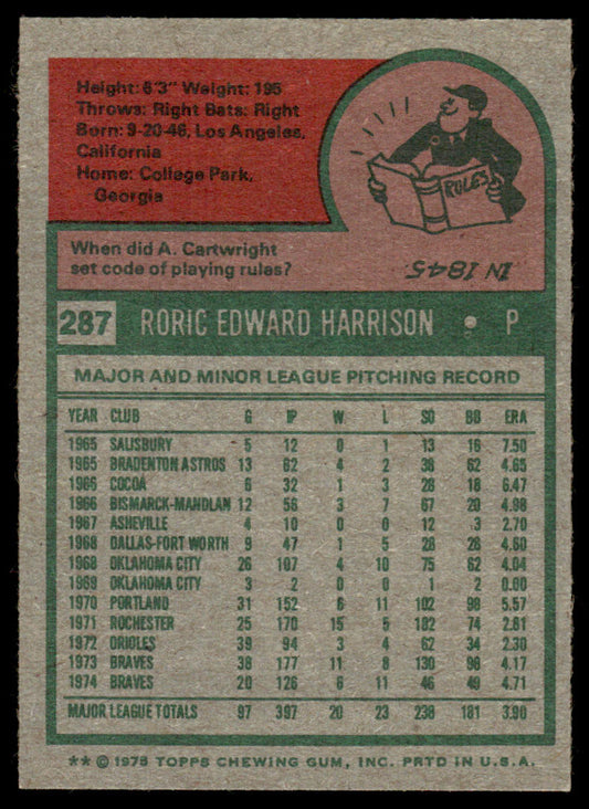 1975 Topps Baseball #287 - Roric Harrison - NM