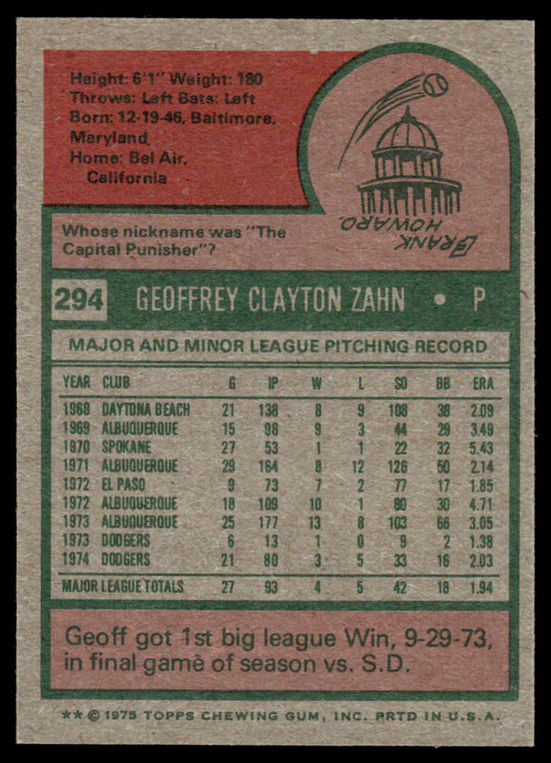 1975 Topps Baseball #294 - Geoff Zahn RC - NM