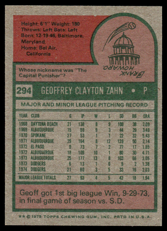 1975 Topps Baseball #294 - Geoff Zahn RC - NM