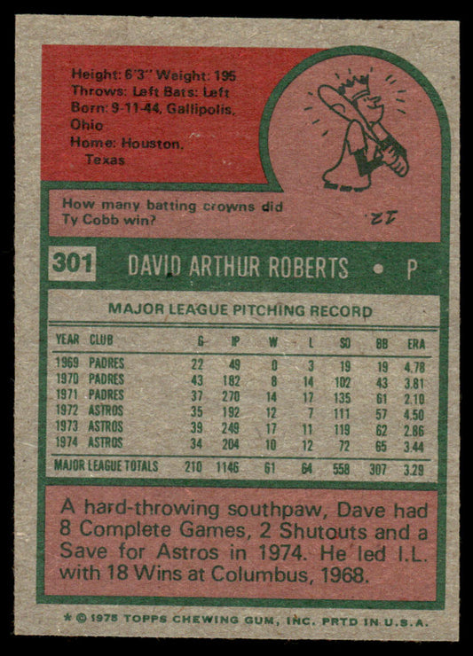 1975 Topps Baseball #301 - Dave Roberts - EXMT