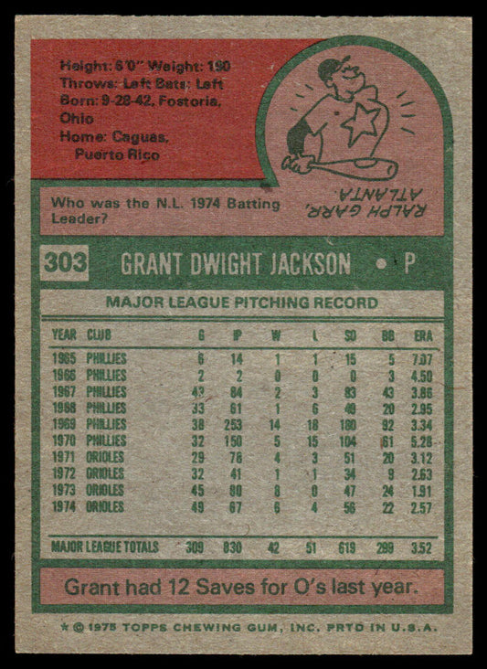1975 Topps Baseball #303 - Grant Jackson - NM