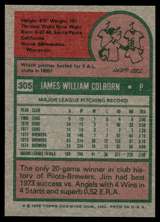 1975 Topps Baseball #305 - Jim Colborn - NM