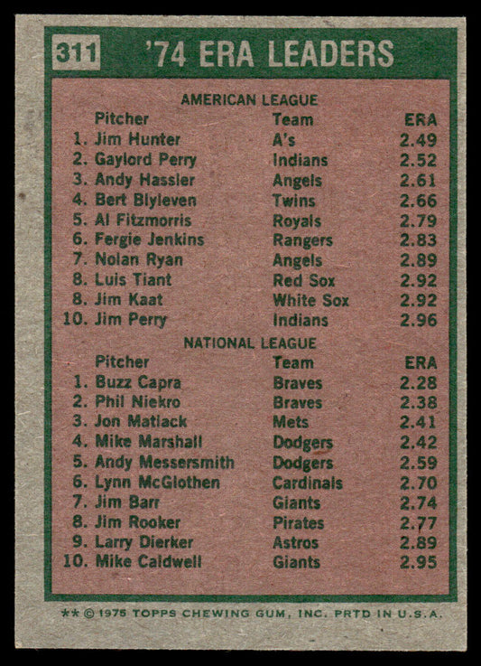 1975 Topps Baseball #311 - 1974 ERA Leaders - Hunter/Capra - EXMT