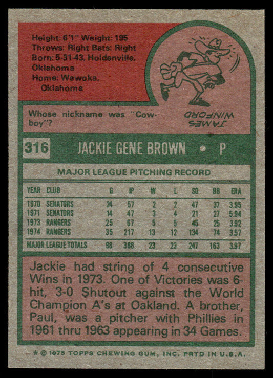 1975 Topps Baseball #316 - Jackie Brown - NMMT