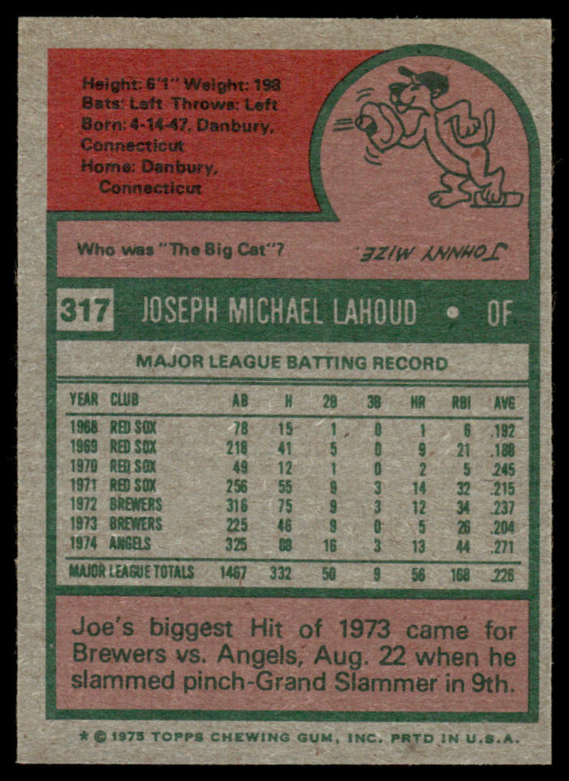 1975 Topps Baseball #317 - Joe Lahoud - NM