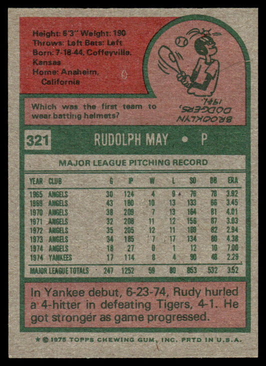 1975 Topps Baseball #321 - Rudy May - NM