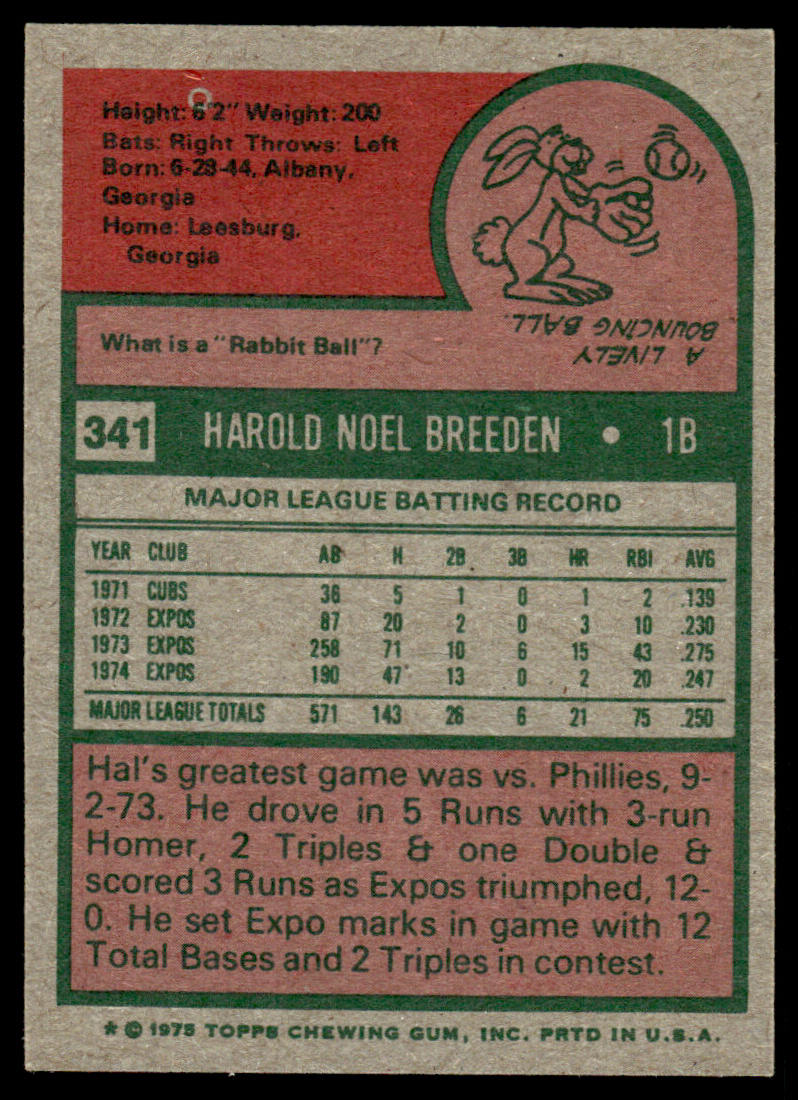 1975 Topps Baseball #341 - Hal Breeden - NM