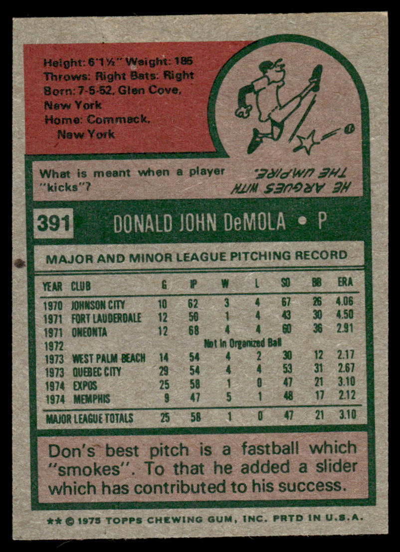 1975 Topps Baseball #391 - Don DeMola RC - NM