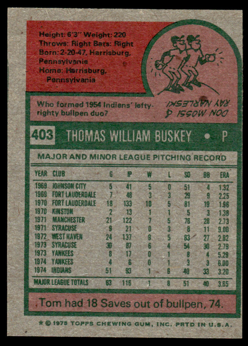 1975 Topps Baseball #403 - Tom Buskey RC - NM