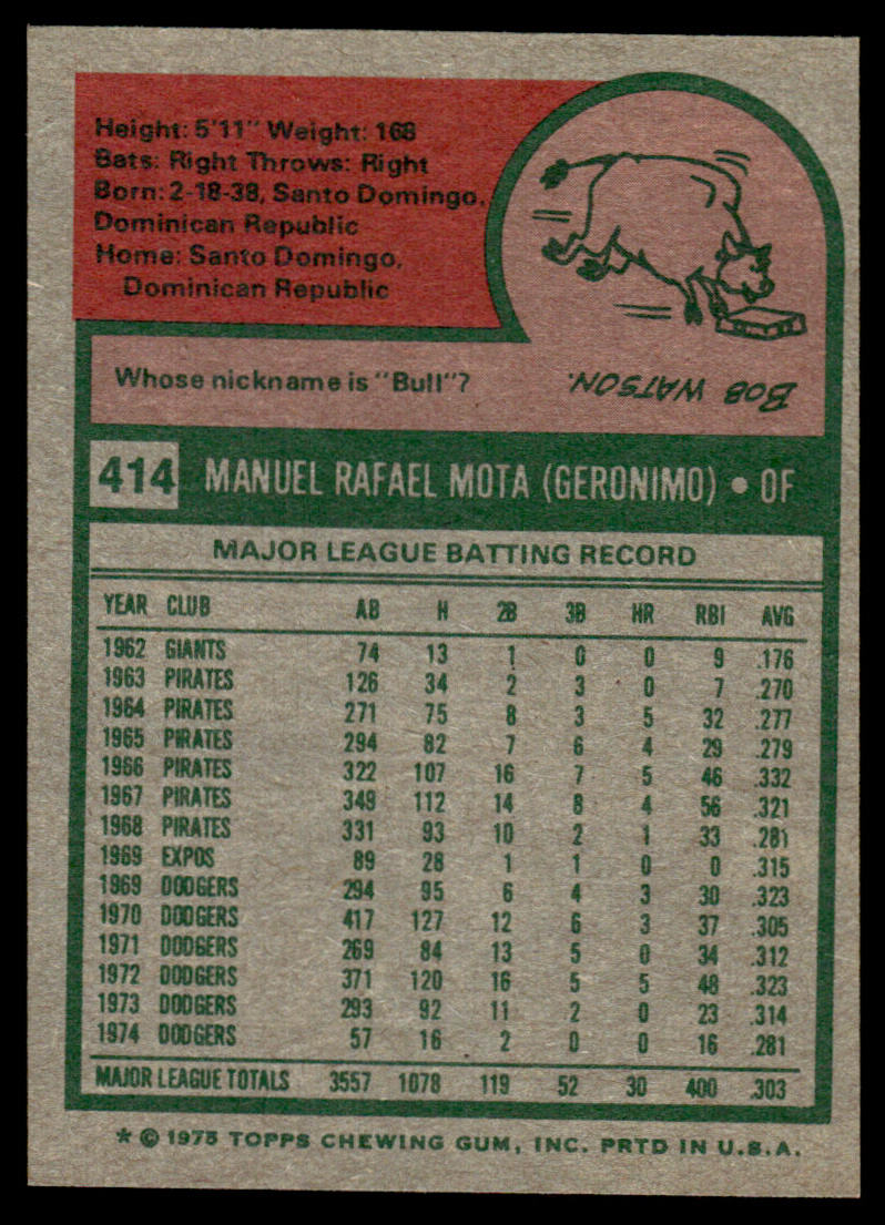 1975 Topps Baseball #414 - Manny Mota - NM