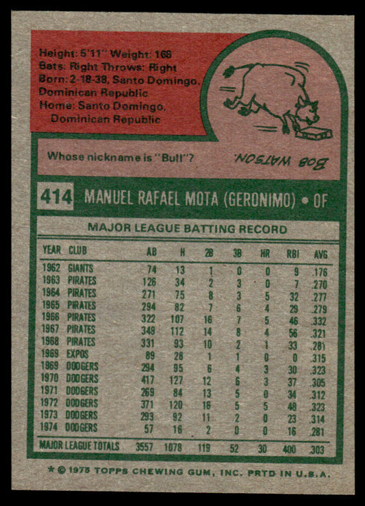 1975 Topps Baseball #414 - Manny Mota - NM