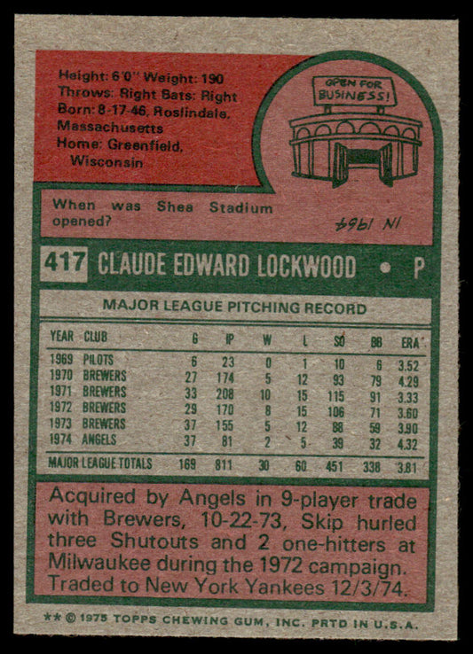 1975 Topps Baseball #417 - Skip Lockwood - NM