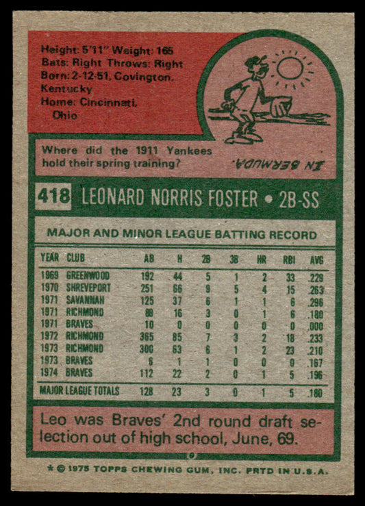 1975 Topps Baseball #418 - Leo Foster - NM