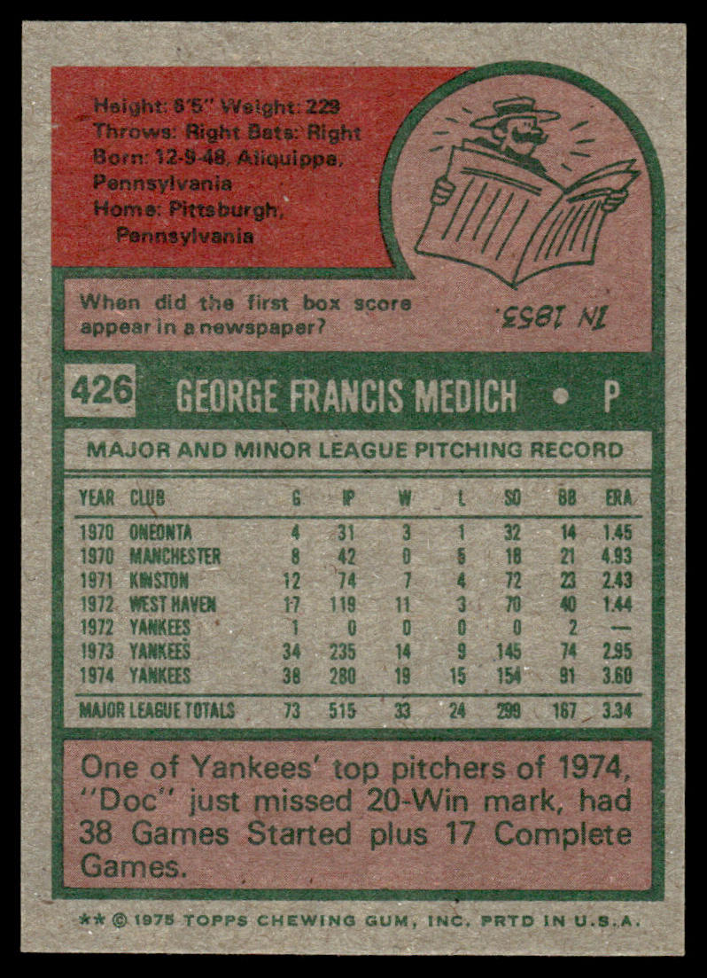1975 Topps Baseball #426 - George Medich - NM