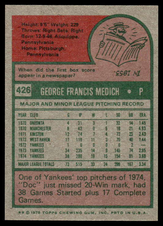 1975 Topps Baseball #426 - George Medich - NM