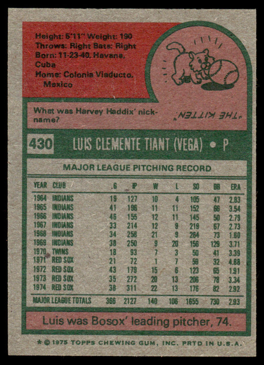 1975 Topps Baseball #430 - Luis Tiant - NM