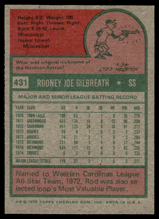 1975 Topps Baseball #431 - Rod Gilbreath - NM