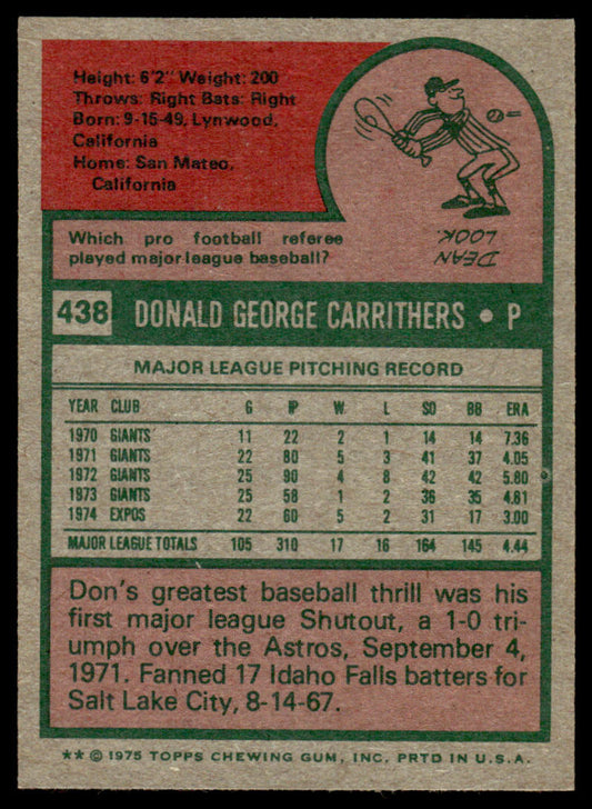 1975 Topps Baseball #438 - Don Carrithers - NM
