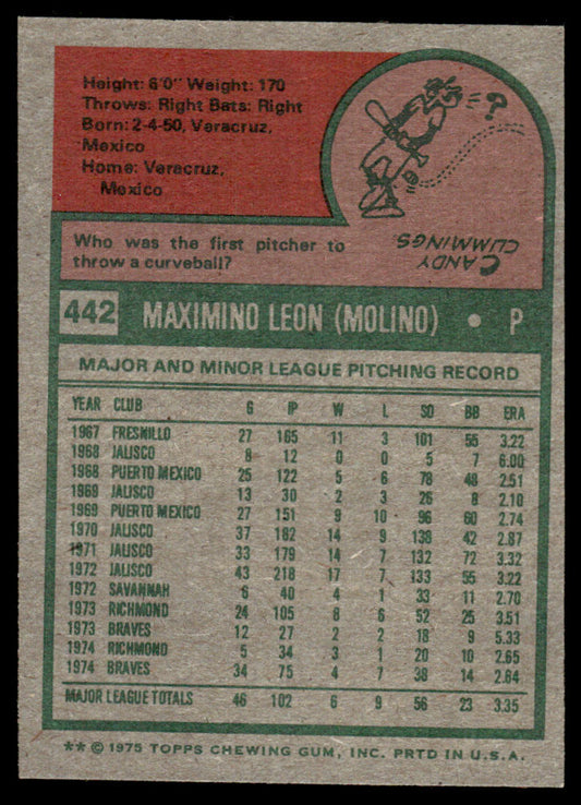 1975 Topps Baseball #442 - Maximino Leon RC - NM