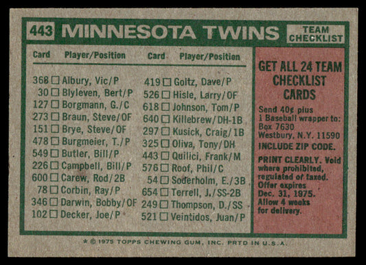 1975 Topps Baseball #443 - Minnesota Twins / Frank Quilici - NM