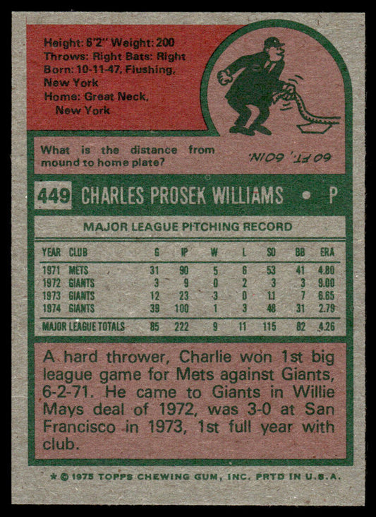 1975 Topps Baseball #449 - Charlie Williams - NM