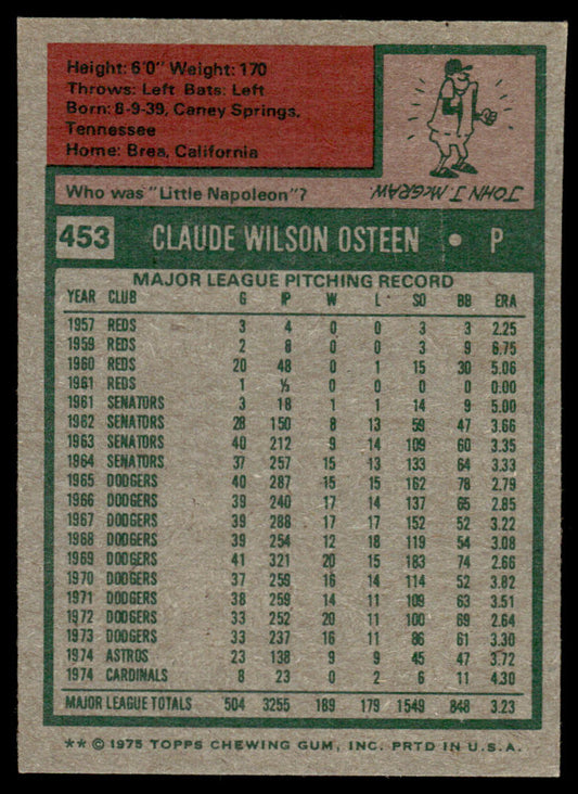 1975 Topps Baseball #453 - Claude Osteen - NM