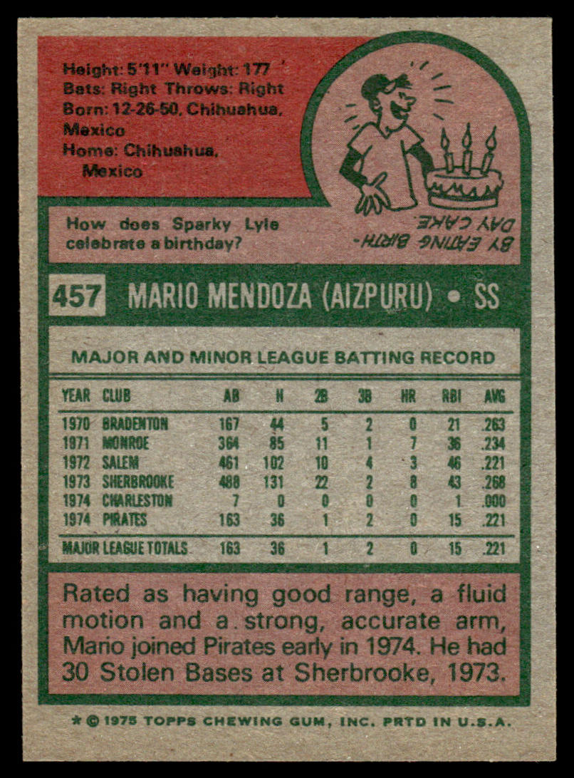 1975 Topps Baseball #457 - Mario Mendoza RC - NM