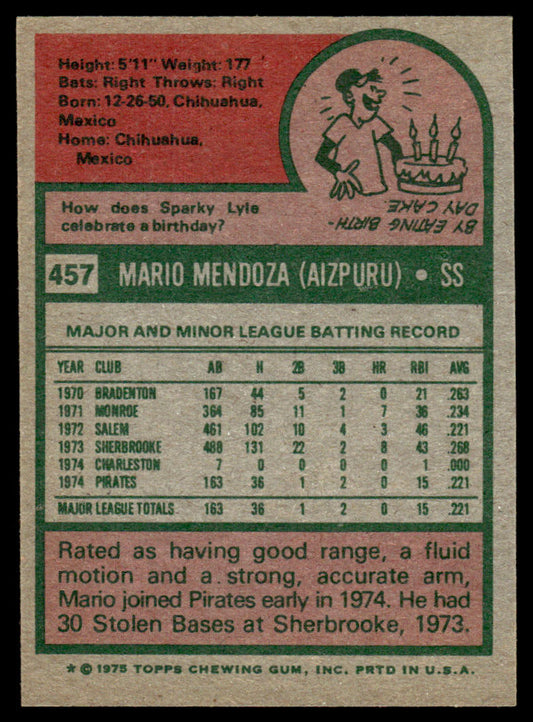 1975 Topps Baseball #457 - Mario Mendoza RC - NM