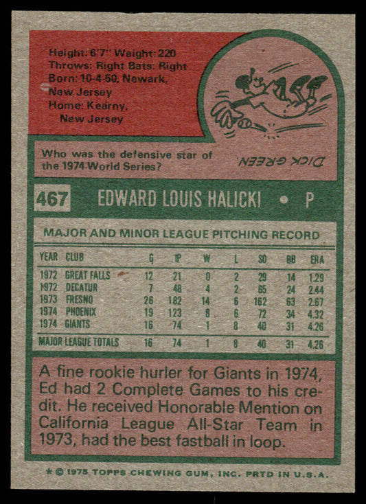 1975 Topps Baseball #467 - Ed Halicki RC - NM