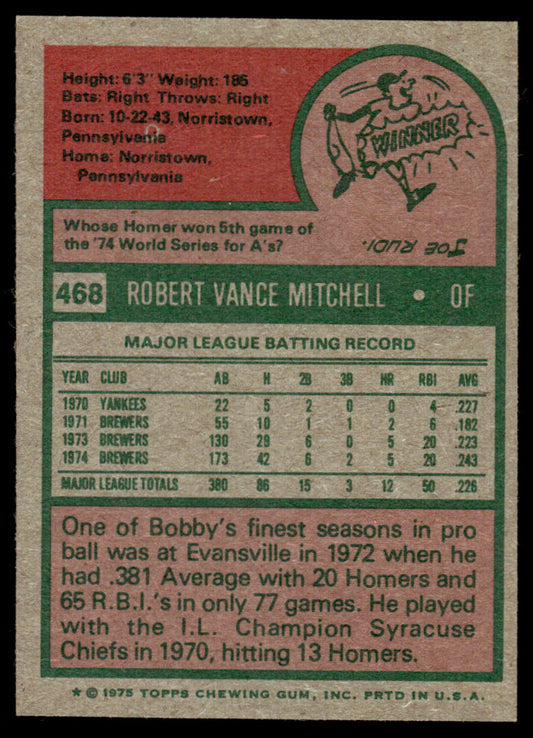 1975 Topps Baseball #468 - Bobby Mitchell - NM