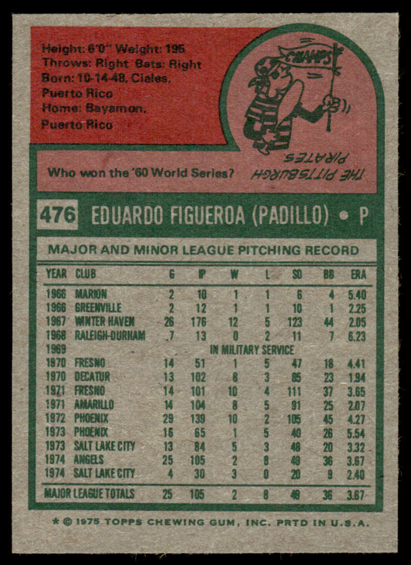 1975 Topps Baseball #476 - Ed Figueroa RC - NM