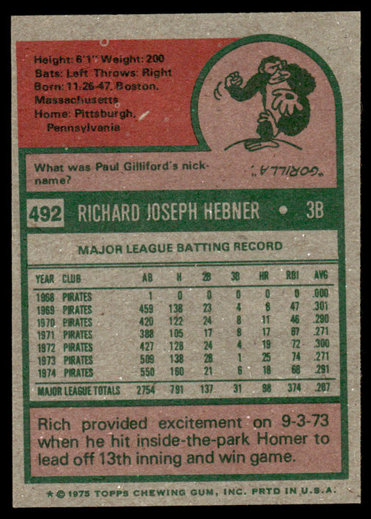 1975 Topps Baseball #492 - Rich Hebner - NM