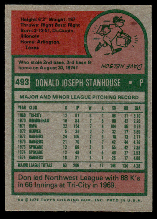 1975 Topps Baseball #493 - Don Stanhouse - NM
