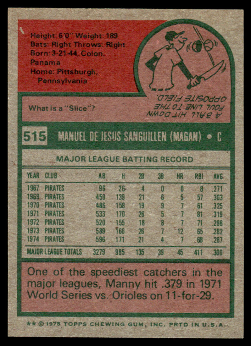 1975 Topps Baseball #515 - Manny Sanguillen - NMMT