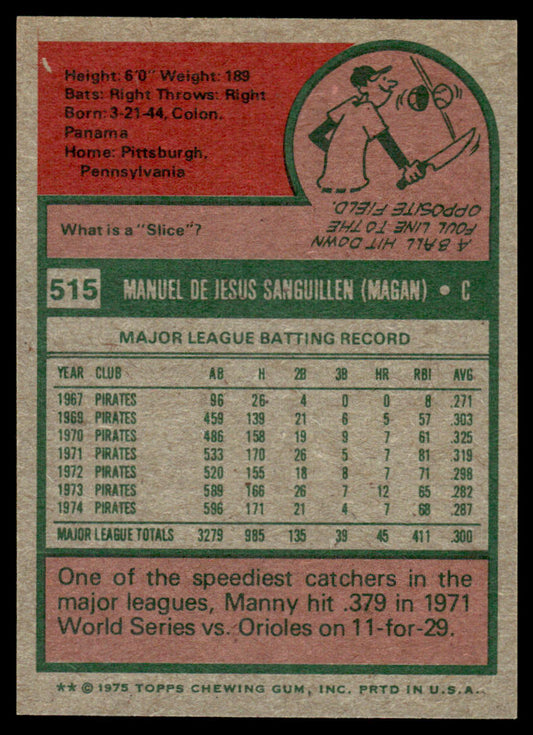 1975 Topps Baseball #515 - Manny Sanguillen - NMMT
