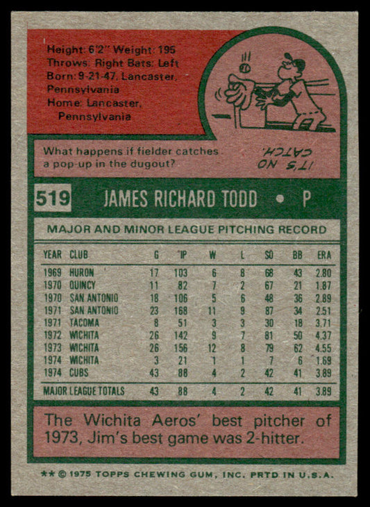 1975 Topps Baseball #519 - Jim Todd RC - NM
