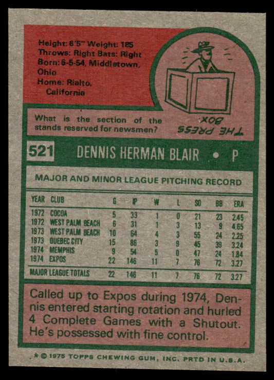 1975 Topps Baseball #521 - Dennis Blair RC - NMMT