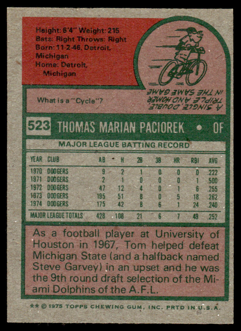 1975 Topps Baseball #523 - Tom Paciorek - NM