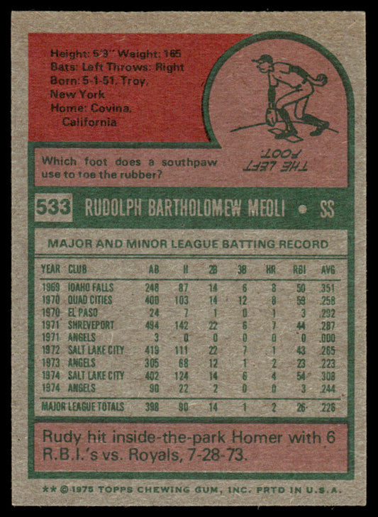 1975 Topps Baseball #533 - Rudy Meoli - NM
