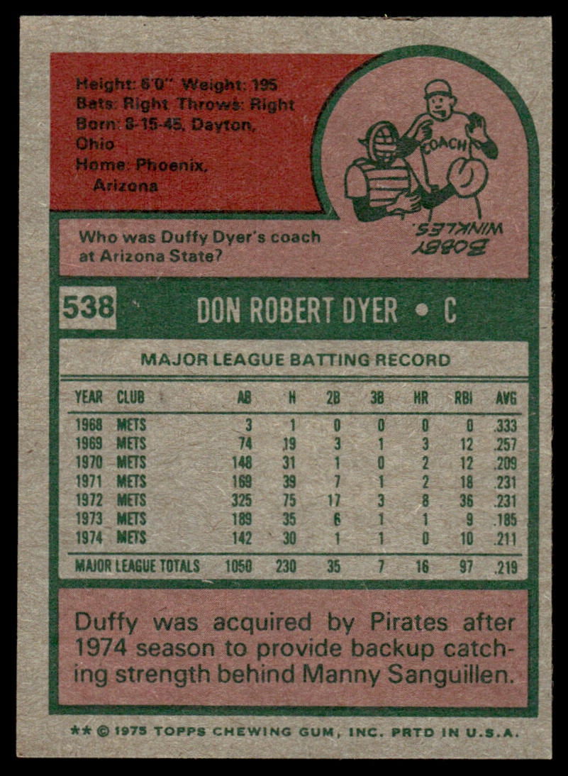 1975 Topps Baseball #538 - Duffy Dyer - EXMT