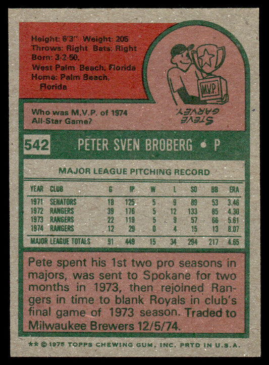1975 Topps Baseball #542 - Pete Broberg - NMMT