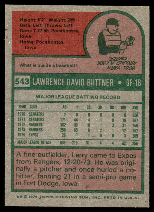 1975 Topps Baseball #543 - Larry Biittner - NM