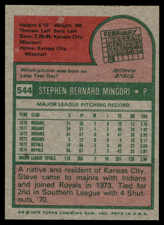 1975 Topps Baseball #544 - Steve Mingori - NM